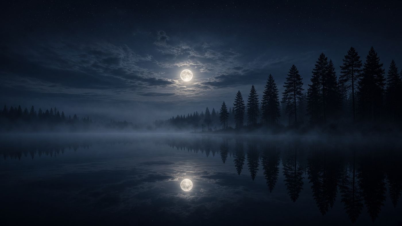 Moonlight reflected in still water at night
